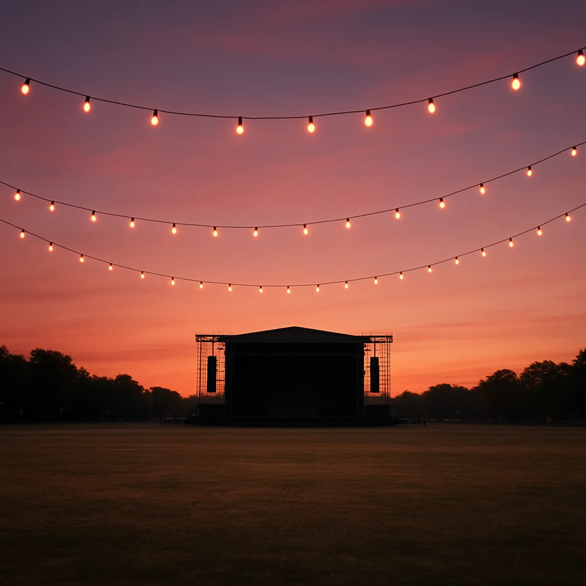 Champ de festival en plein air vide au crépuscule, avec une scène et des guirlandes lumineuses