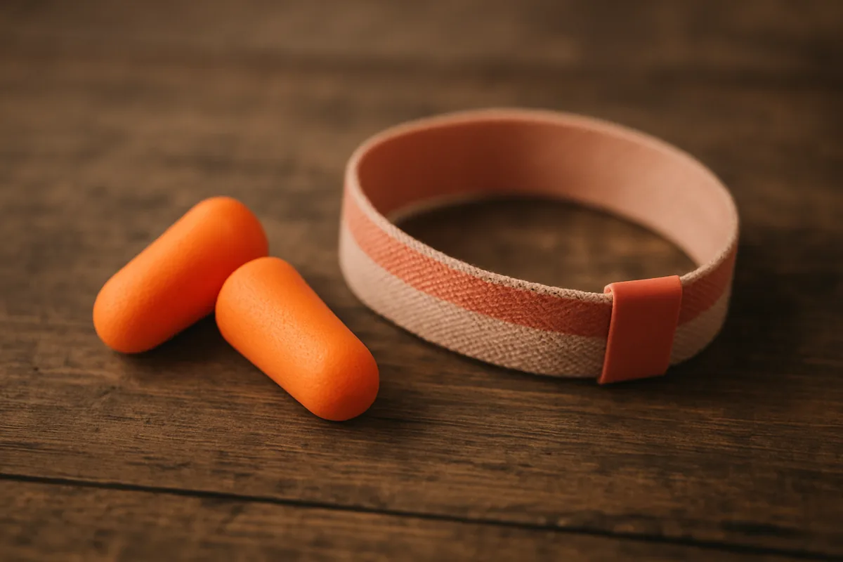 Bouchons d'oreille en mousse et bracelet de festival posés sur une table en bois