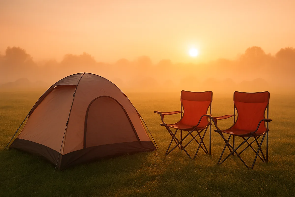 Tente et chaises de camping sur l'herbe au lever du soleil